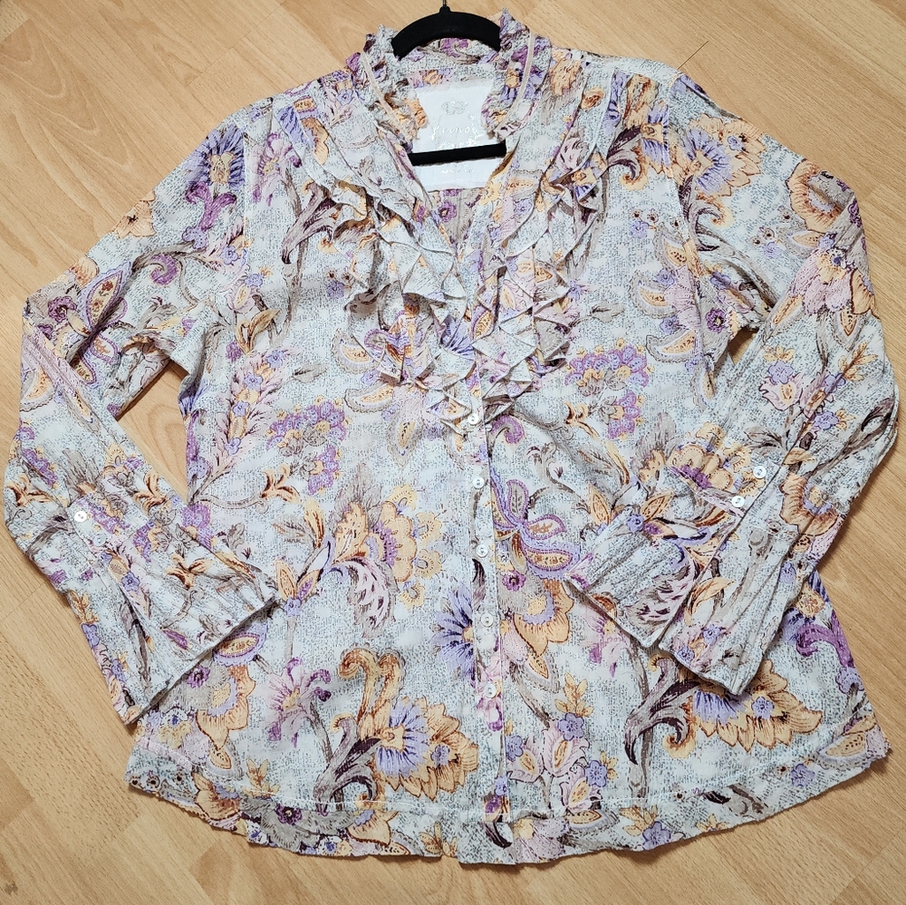 Cino Ruffle Long Sleeve Button Down Shirt Purple Floral Paisley Cotton Size XL